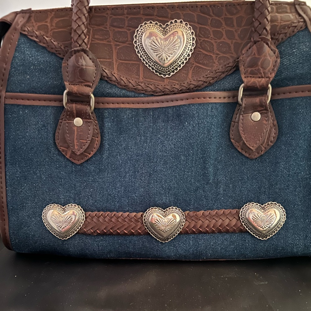 Vintage Brighton Leather Denim Satchel With Hearts Accents - Picture 3 of 8